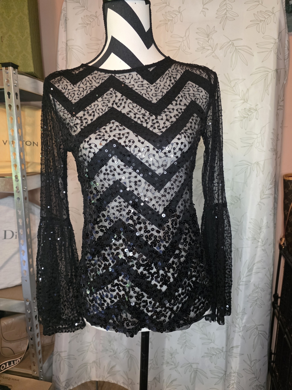 I-N-C Black Sheer Sequin Mesh Top Bell Sleeve Glam Party Going Out